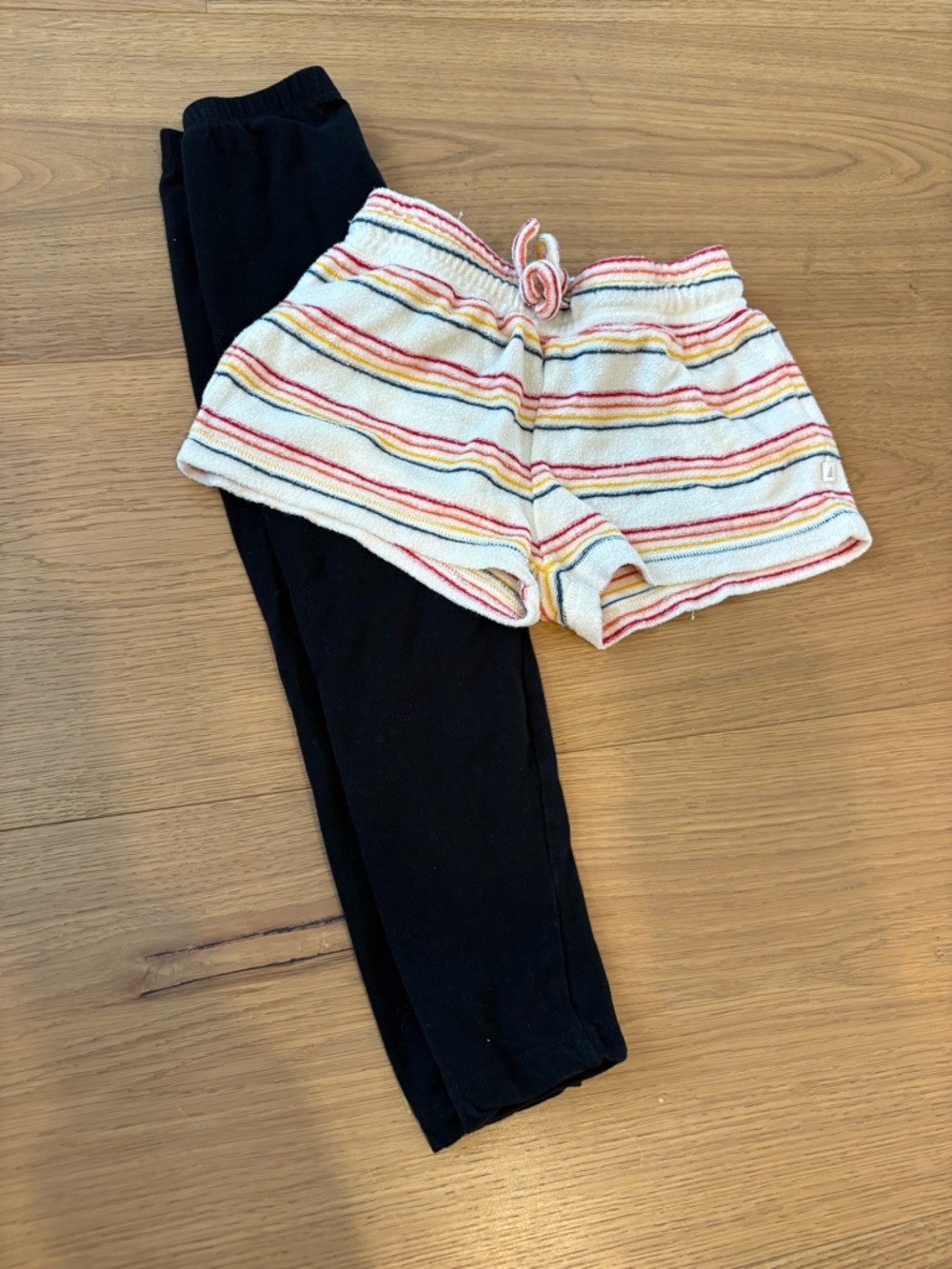 Girls' Black Leggings & Striped White Drawstring Shorts Set
